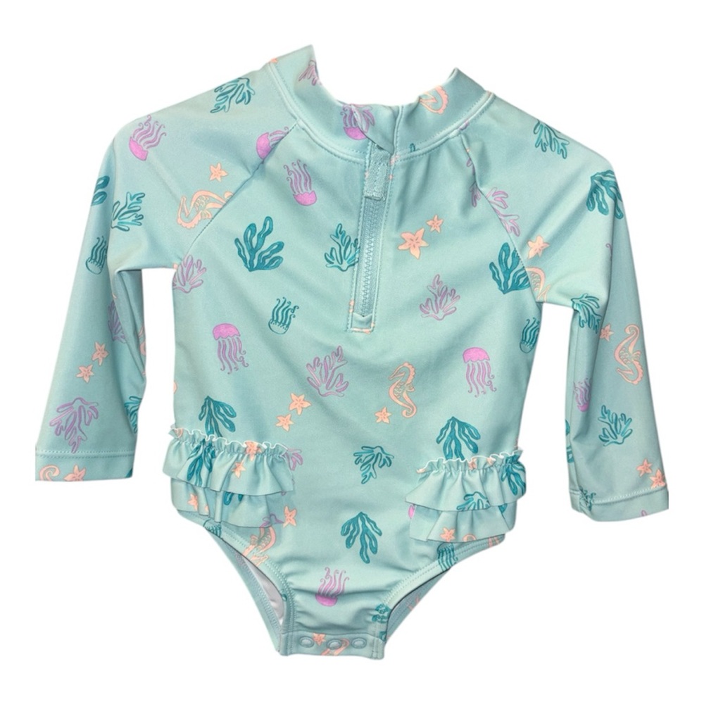 Carter's Aqua Sea Life Long-Sleeve One-Piece Swim Suit with Ruffles
